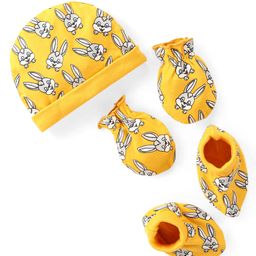 Babyhug 100% Cotton Interlock Knit Cap Mitten& Booties with Bunny Print - Yellow-image-10