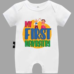 The Peppy Tend Navratri Theme 100% Cotton Half Sleeves My First Navratri Text Printed Romper - White-picture-9