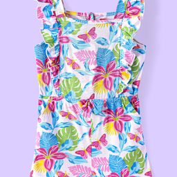 Babyhug Single Jersey Knit Sleeveless Jumpsuit With Floral & Butterfly Print - White-image-25