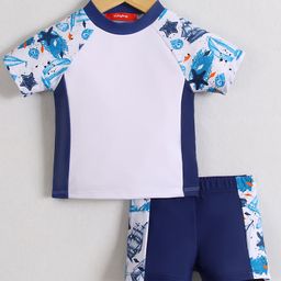 Babyhug Half Raglan Sleeves Two Piece Swimsuit With Ship Print - White-image-38