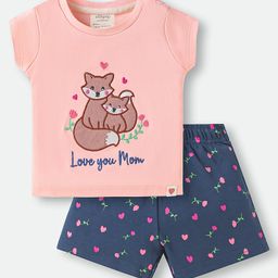 Ollypop Sinker Knit Half Sleeves T-Shirt & Shorts Set with Kitty Embroidery & Print - Navy Blue & Pink-image-74