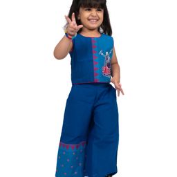 Twisha Cotton Sleeveless Folk Dancer Embroidered Ethnic Top With Palazzo Set - Blue-image-24