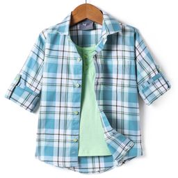 Dapper Dudes Full Sleeves Checked Shirt With Attached Tee - Sky Blue-image-31