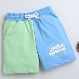 BUMZEE Cotton Woven Above Knee Length Color Block Shorts with Text Print - Light Blue & Green-92