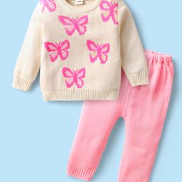 Babyhug Acrylic Knitted Full Sleeves Sweater Set With Butterfly Design - White & Pink-image-29