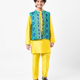 Pine Kids Woven Mandarin Collar Full Sleeves Kurta Pyjama Set With Floral Print Jacket - Yellow-image-57