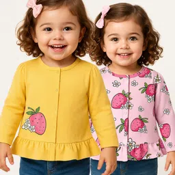 Babyoye 100% Cotton Knit Eco Jiva Finish Full Sleeves Front Open Jhablas with Fruit Print Pack of 2 - Pink & Yellow-picture-2