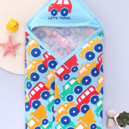 Babyhug Cotton Terry Knit Hooded Bath Towel with Cars Print L 76 x B 76 cm - Multicolor-image-99