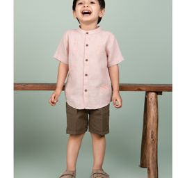 LITTLE COLLARS Pure Cotton Half Sleeves Walrus & Bird Embroidered Shirt & Shorts Set - Pink-image-10