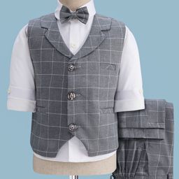 Rikidoos Full Sleeves Checked 3 Piece Coordinating Party Suit Set With Bow - White & Grey-picture-40