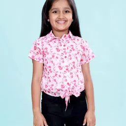 Kiddopanti Georgette Woven Half Sleeves Floral Printed Shirt Style Top - Baby Pink-picture-14