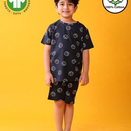 Anthrilo 100% Organic Cotton Knit Half Sleeves Basketball Printed Tee & Coordinating Shorts Set - Black-image-68