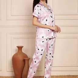 Fbella Women Floral Printed Lapel Collar Satin Night Suit-picture-9