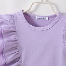 Mark & Mia Sleeveless Solid Color Top & Shorts Set with Button & Frill Detailing - Purple & White image 3