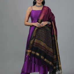 TJORI Ethnic Motifs Printed Cotton Ikat Dupatta With Zari-23