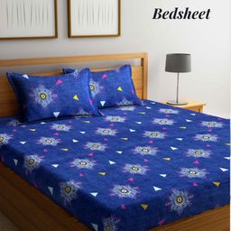 Aura Blue & White Ethnic Motifs Printed 300 TC King Fitted Bedsheet Set 2.55 m x 2.25 m-image-87