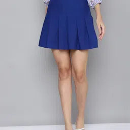 SASSAFRAS Blue Solid Flared Mini Skirt-image-27