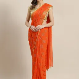 Ishin Orange Printed Saree With Blouse-image-47