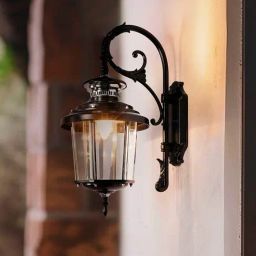 FOS LIGHTING Black Victorian Outdoor Wall Sconce with Scrolling Arm & Beveled Glass-image-8