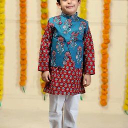 The Mom Store Boys Blue Cotton Printed Kurta with Jacket and Pajama-image-65