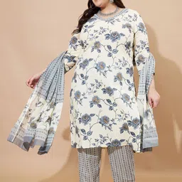 GULMEHAK Women Plus Size Floral Printed V-Neck Pure Cotton Kurta with Trousers & Dupatta-picture-44