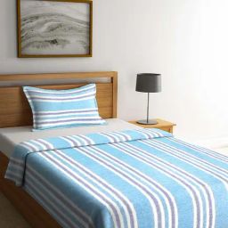Klotthe Stripes Blue & White 300 TC Cotton Single Bedsheet with 1 Pillow Cover-image-77
