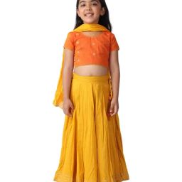 Fabindia Kids Orange & Yellow Cotton Embroidered Lehenga Choli-image-14