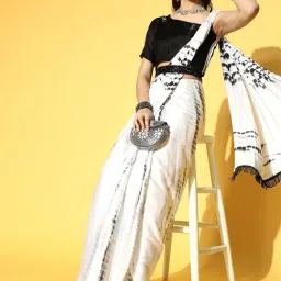 Blissta Cream & Black Tie & Dye Saree With Unstitched Blouse-image-5