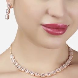 Zaveri Pearls Rose Gold Cubic Zirconia Bling Sleek Necklace & Earring Set-ZPFK15263-12