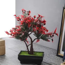 Foliyaj Green & Red Plastic Artificial Twin Trunked Bonsai Tree With Leaves-27