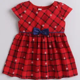 Many Frocks Kids Red Cotton Chequered Snow Flakes Dress-image-54