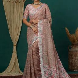 Satrani Beige Cotton Blend Floral Saree With Unstitched Blouse-image-5