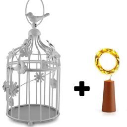 Homesake Modern Style Iron Decorative White Bird Cage with Hanging Chain with Cork String Light-47
