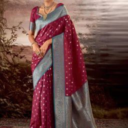 Satrani Pink & Blue Silk Woven Saree With Unstitched Blouse-picture-22