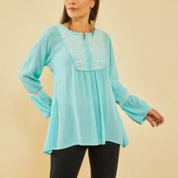 Soch Powder Blue Yoke Design Embroidery Tunic With Lace-image-73