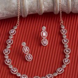 Zaveri Pearls Rose Gold Cubic Zirconia Bling Sleek Necklace & Earring Set-ZPFK15259-15