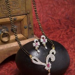 Zeneme Gold Plated White Red AD Studded Black Beaded Mangalsutra & Earrings Set-12