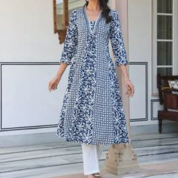 Janasya Navy Cotton Regular Fit Embroidered Kurta-10