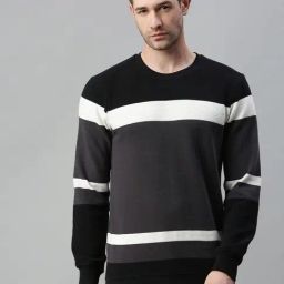 SHOWOFF Black Cotton Slim Fit Stripes Sweatshirt-image-67
