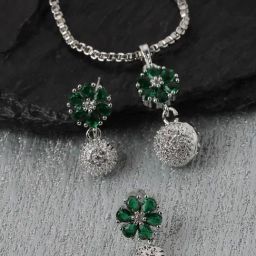 Zeneme Rhodium Plated Green AD Studded Pendant & Earrings Set-image-81