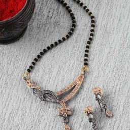 Zeneme Rose Gold Plated Gunmetal Toned AD Studded Beaded Mangalsutra-image-29