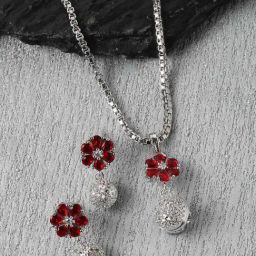 Zeneme Rhodium Plated Red AD Studded Flower Pendant & Earrings Set-6