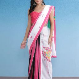 Saree Mall White Printed Sarees With Unstitched Blouse-image-111