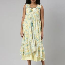 SHOWOFF Yellow Cotton Printed Midi Dress With Coat-picture-13