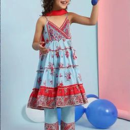 Biba Kids Sky Blue Printed Regular Fit Suit Set with Dupatta-image-3