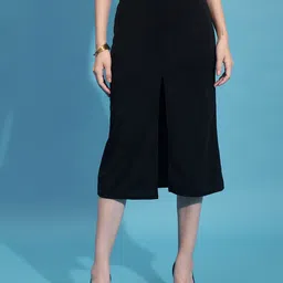QIOA Straight Mid Rise Front Slit Straight Below Knee Skirt-image-87