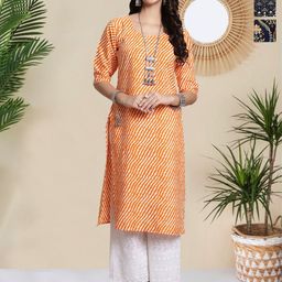 HERE&NOW Selection Of 3 Leheriya Printed Round Neck Straight Kurtas-image-99