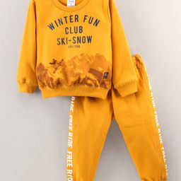 Simply Full Sleeves Winter Wear Cotton Sweatshirt & Lounge Pants Placement Print- Yellow-image-6