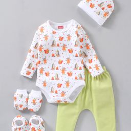 Babyhug Cotton Full Sleeves Onesies with Leggings with Cap Mittens & Booties Printed - Mulicolour-image-54