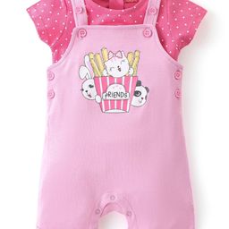 Babyhug 100% Cotton Half Sleeves Inner Tee With Dungaree With Panda Print - Pink-image-48
